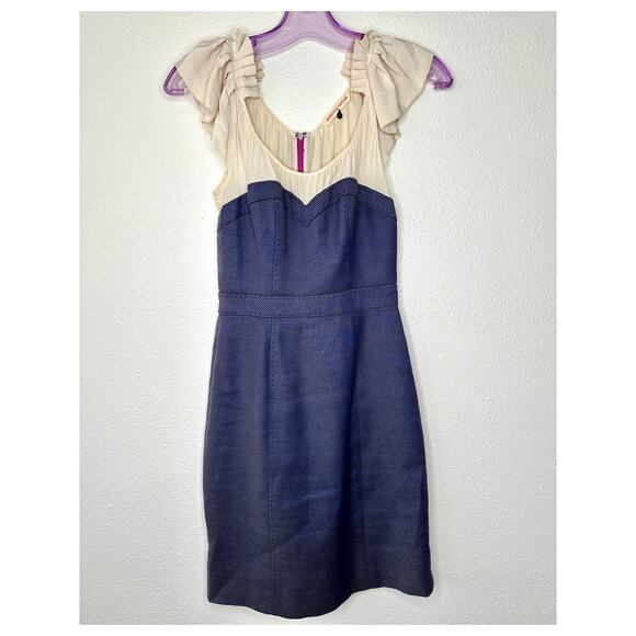 Rebecca Taylor Cream Ruffle Pleat Shoulder Blue Jean Stripe Linen Sheath Dress 0 - Picture 2 of 12